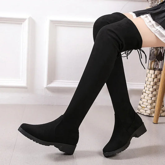 Suede Over The Knee High Boots Women Warm Flat Chunky Long Boots Comfortable Autumn Winter 2024 New Designer Black Stretch Thigh High Boots 