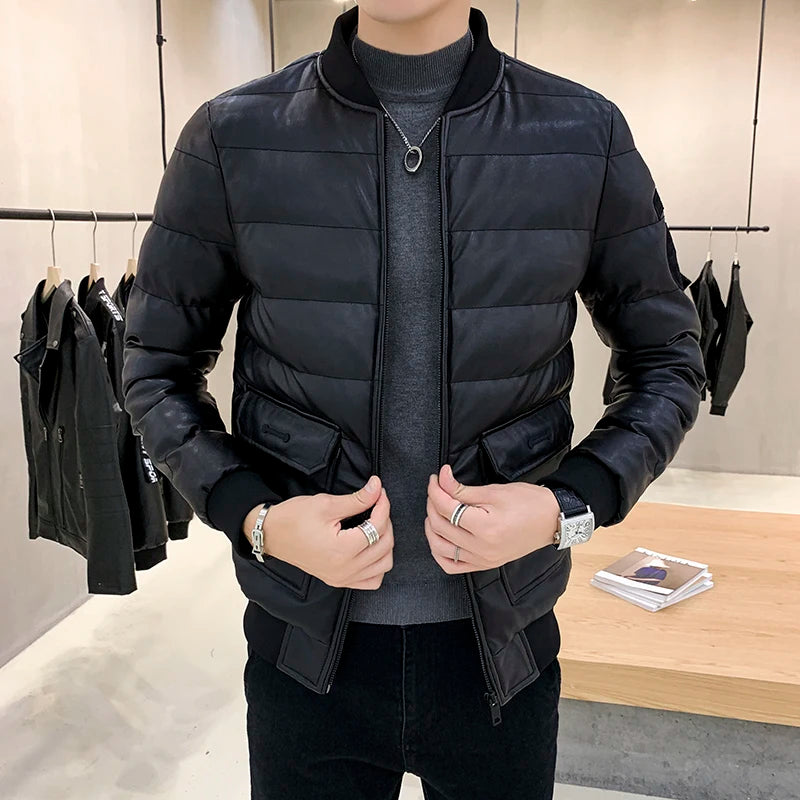 Men's Leather Coat Winter Down Baseball Jackets Parkas Coat Fashion Casual Fleece Thicken PU Jacket Biker Warm Leather 