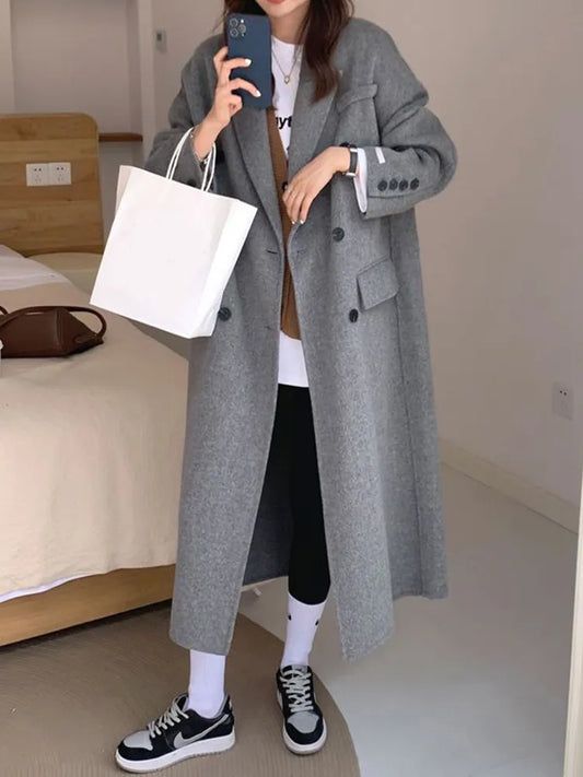 Fashion Faux Wool Jacket Women Simple Grey Long Sleeve All Match Outwear