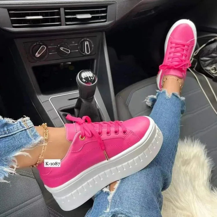 Women Leather Platform Shoes Fashion Solid Color Thick Heel Sneakers Casual Flat Sports Shoes Designer Shoes Zapatillas Mujer 