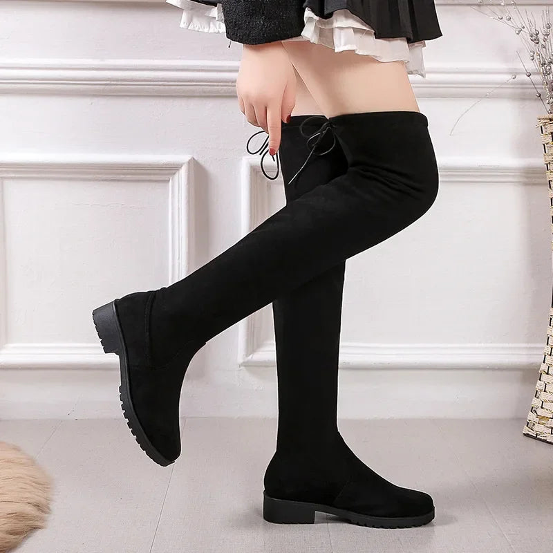 Suede Over The Knee High Boots Women Warm Flat Chunky Long Boots Comfortable Autumn Winter 2024 New Designer Black Stretch Thigh High Boots 