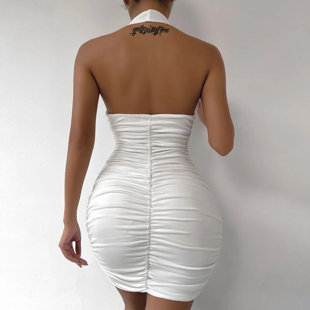 Sexy Pleated Deep V Evening Party Dress 2021 Summer Short White Halter Women Dresses Club Tight Mini Dress Clubwear 