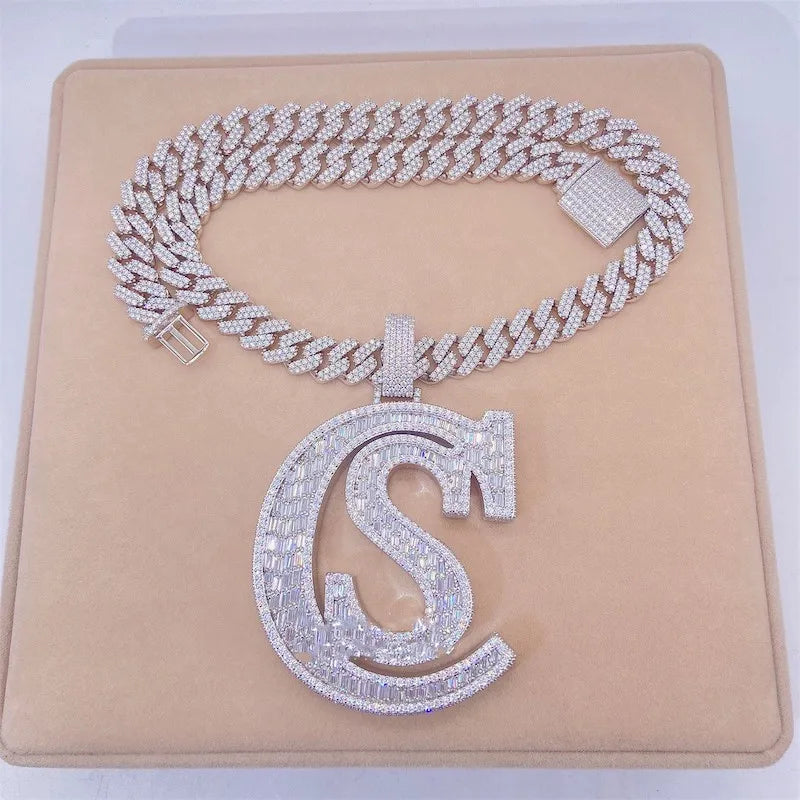 Personalizado baguette moissanite pingente passagem diamante tester gelado vvs moissanite carta hip hop jóias 925 prata esterlina corrente