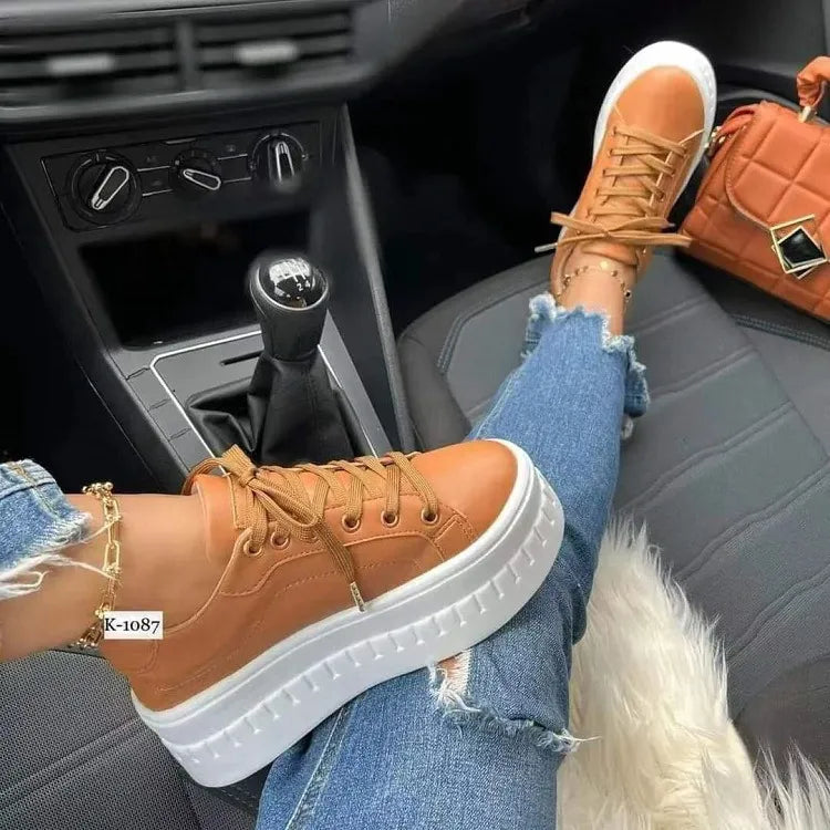 Women Leather Platform Shoes Fashion Solid Color Thick Heel Sneakers Casual Flat Sports Shoes Designer Shoes Zapatillas Mujer 