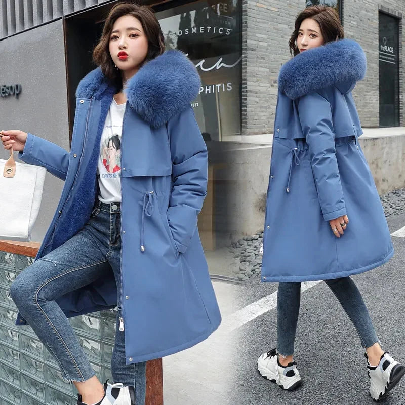 New Women Parka Fur Collar Thick Warm Snow Wear Padded Parka 6XL