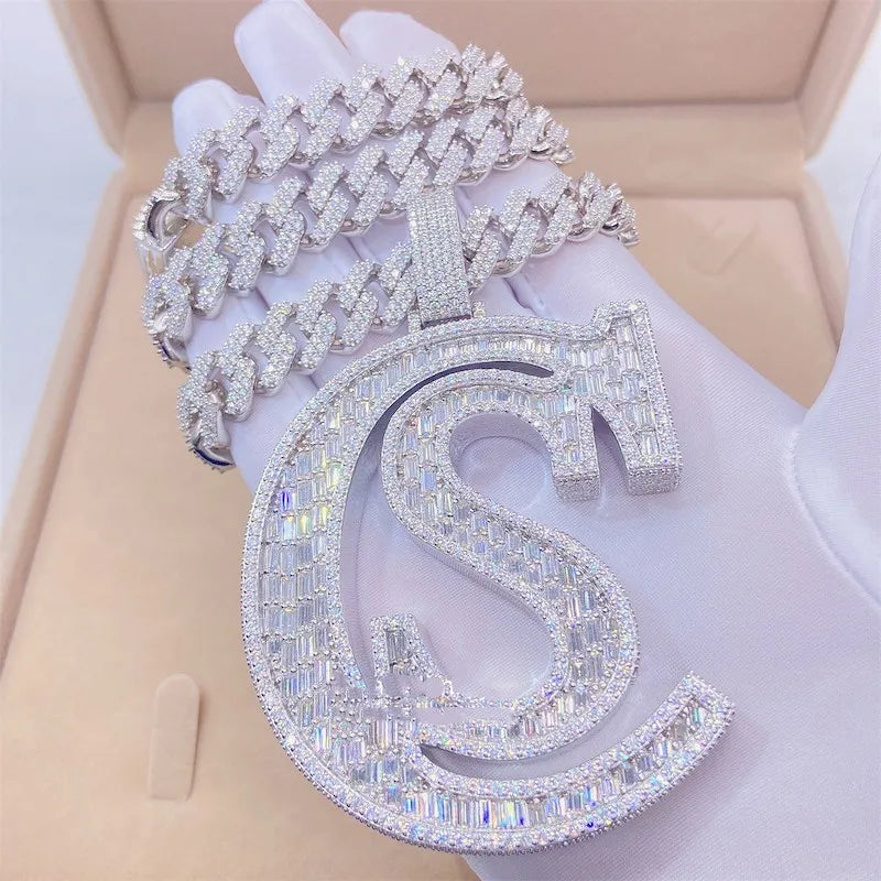 Personalizado baguette moissanite pingente passagem diamante tester gelado vvs moissanite carta hip hop jóias 925 prata esterlina corrente