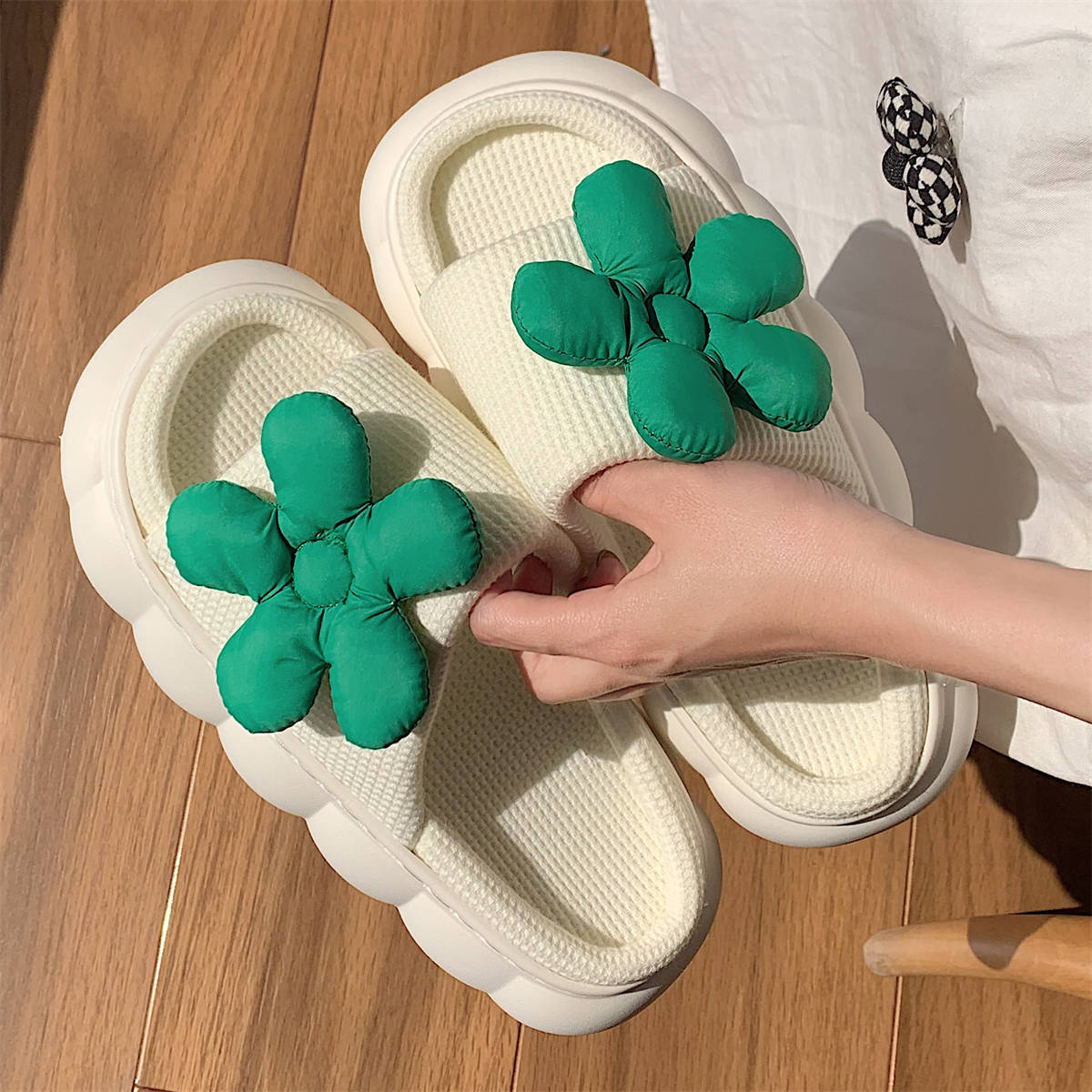 Ins Fashion Fairy Style Small Green Flower Linen Slippers All-season