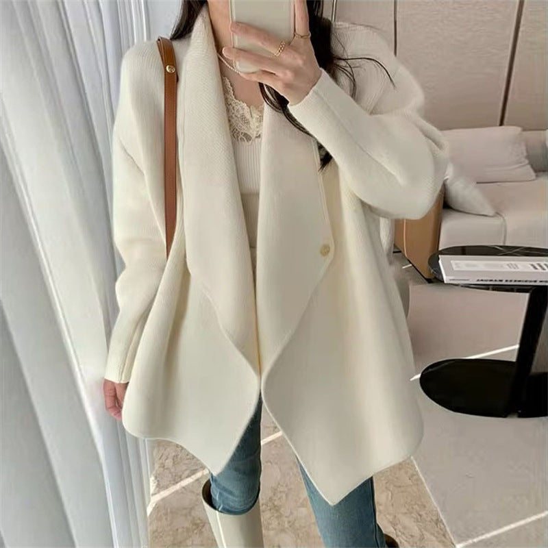 Lapel Simple Style Mid-length Knitted Cardigan