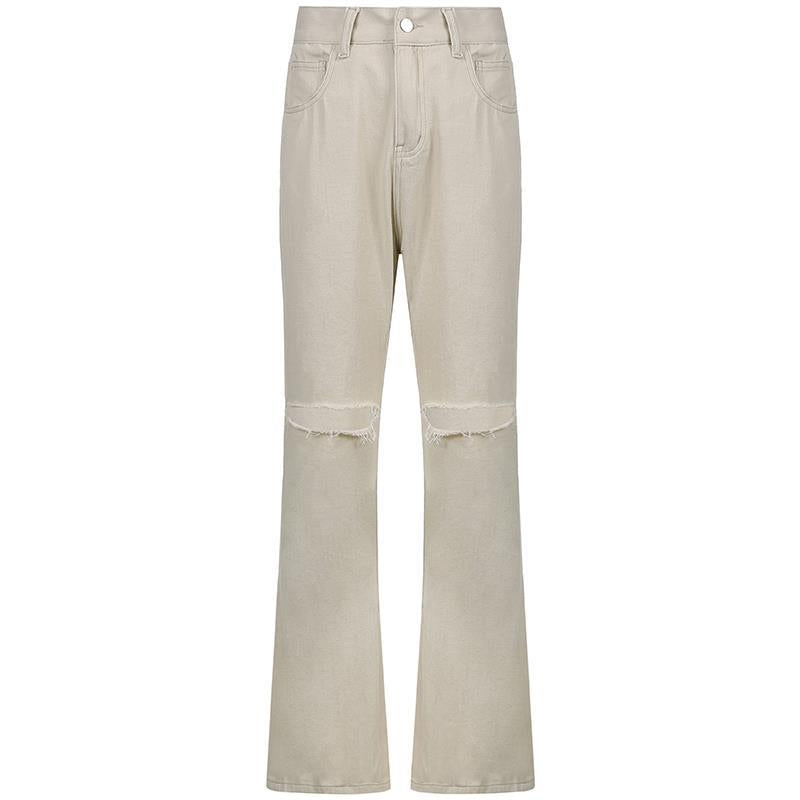 Casual Wide-leg Pants Ripped High-waist Denim Trousers