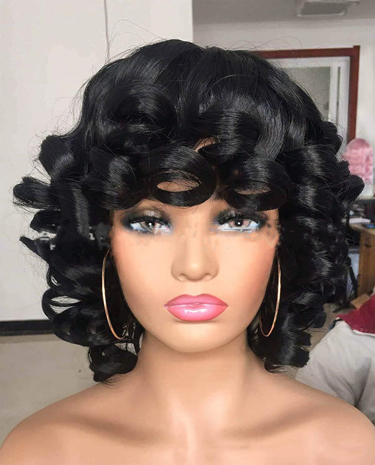 African Black Curly Wig European Beauty Short Fluffy Black Explosive Headgear Wig