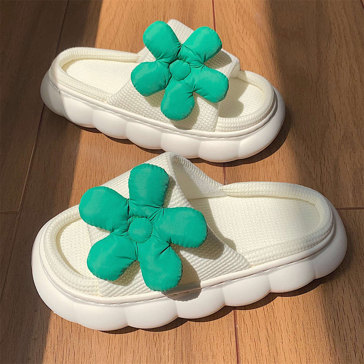 Ins Fashion Fairy Style Small Green Flower Linen Slippers All-season